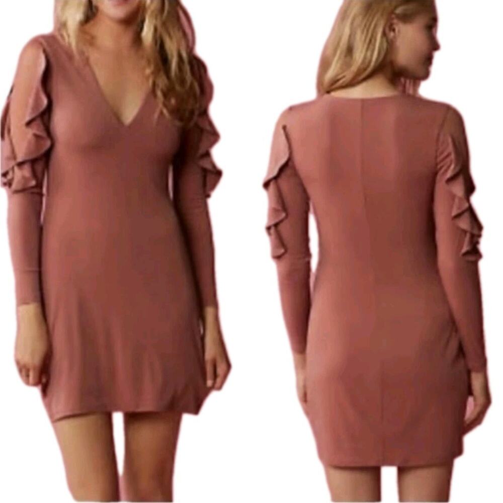 New! Express Ruffle Flutter Sheer Bodycon Vneck Mini Dress Rose Brown Size M